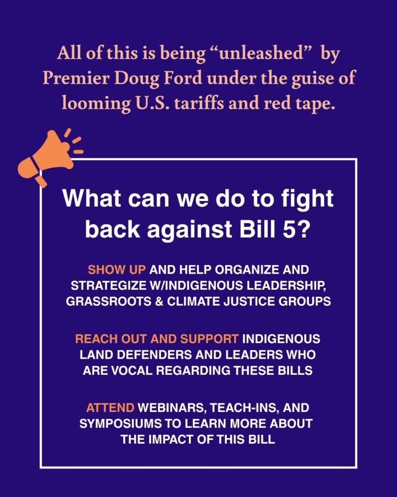 What can we do to fight back against Bill 5? Show up, support land defenders, and attend teach-ins.