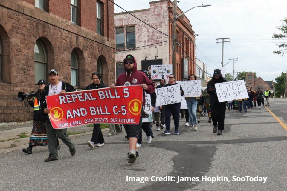 The Sault Ste. Marie Indigenous Friendship Centre staged a peaceful demonstration in protest of Bill 5 and Bill C-5 in downtown Sault Ste. Marie on Tuesday morning. James Hopkin/SooToday